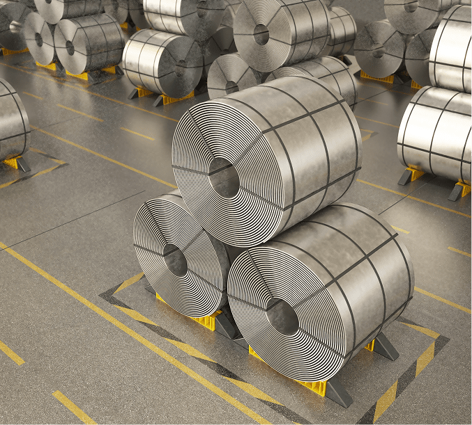 Steel coils stacked in a warehouse